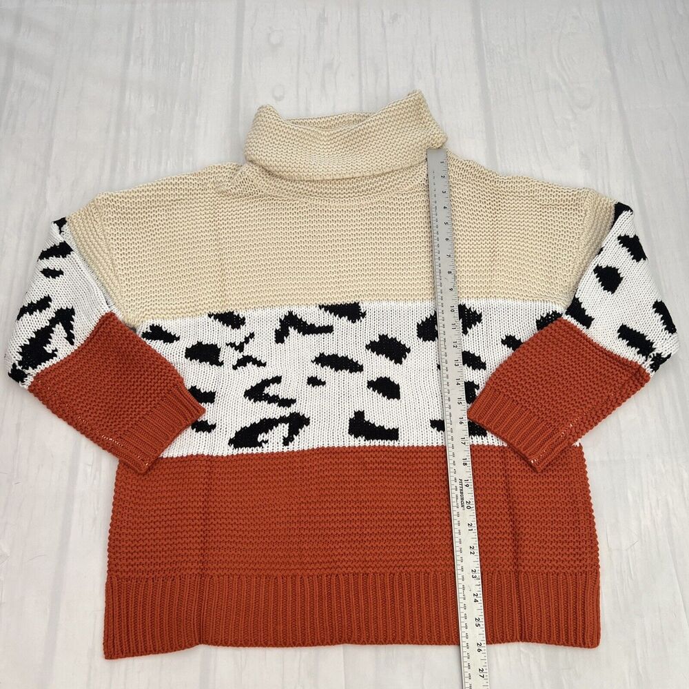Women's Turtleneck Chunky long sleeve Leopard Print Sweater Cable Knit Sweater L - Picture 8 of 10
